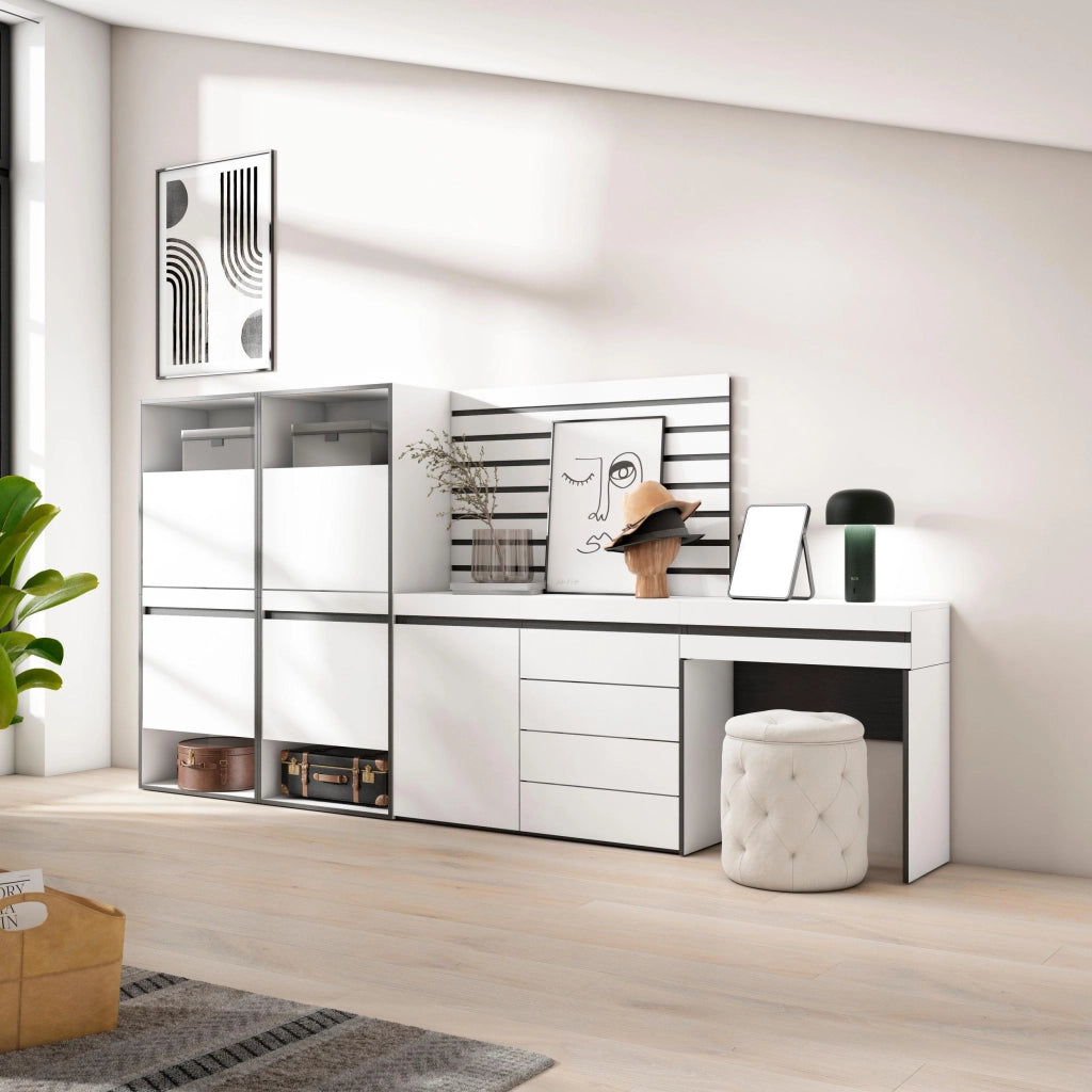 Scarpiera, 297x35x145cm, Camera da letto, Cassettiera, Pannelli Decorativi, Tavolo da toeletta, Bianco RF3515