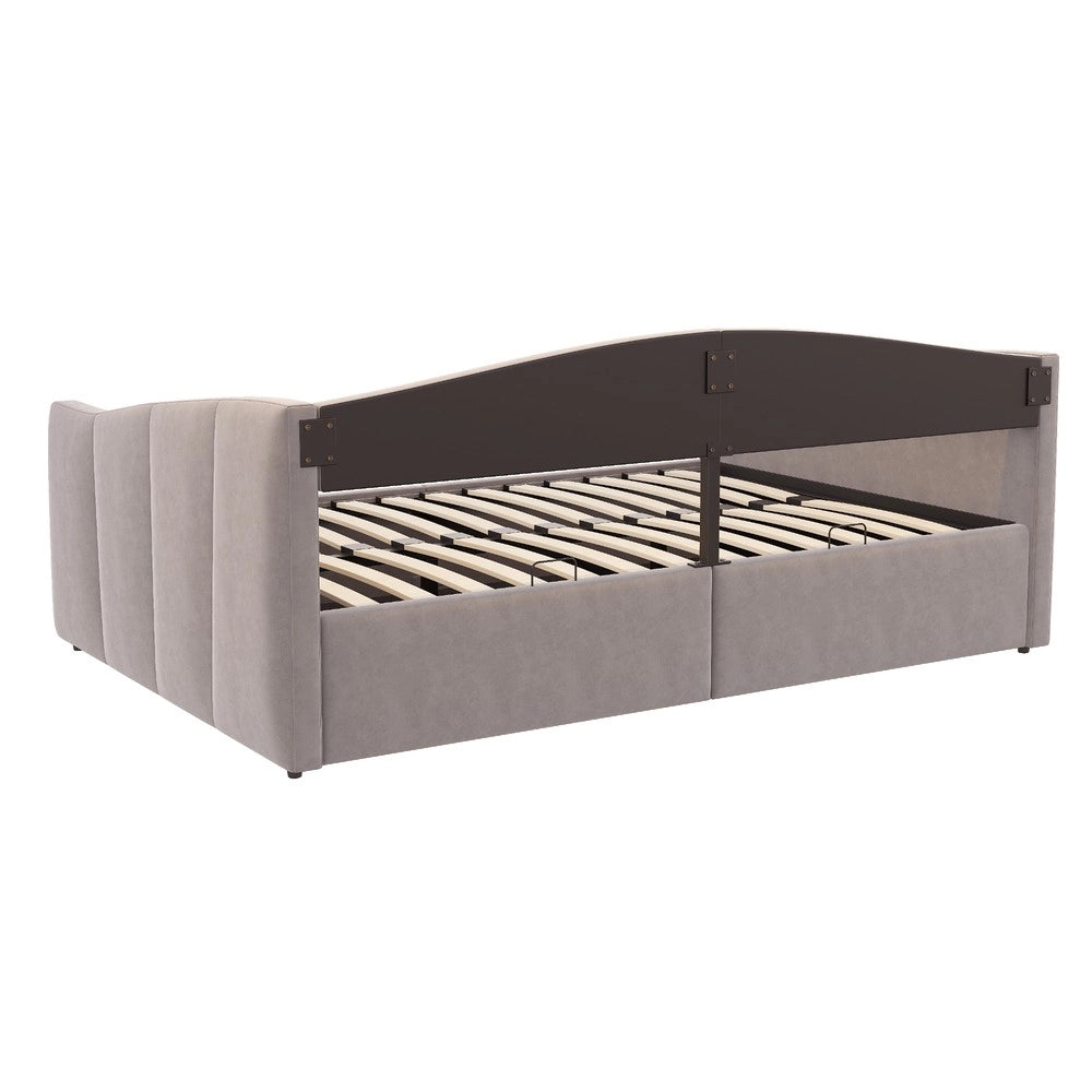 Letto Imbottito Contenitore Matrimoniale ¨C MINIMAL ¨C Velluto Grigio Chiaro 140x200 con Idraulico e Doghe