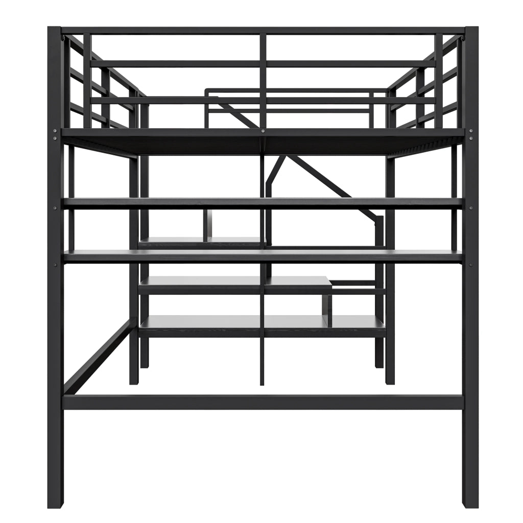 OKWISH Letto a Soppalco 140×200 cm, Letto Matrimoniale con Mensole, Scala con Contenitori e Sponda, senza Materasso, Metallo, Nero