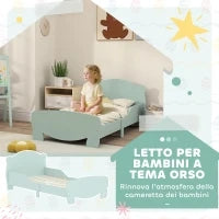 Lettino per Bambini con Testiera e Pediera a Orso e 2 Sponde Laterali, in Legno, 143.5x80x55 cm, Verde