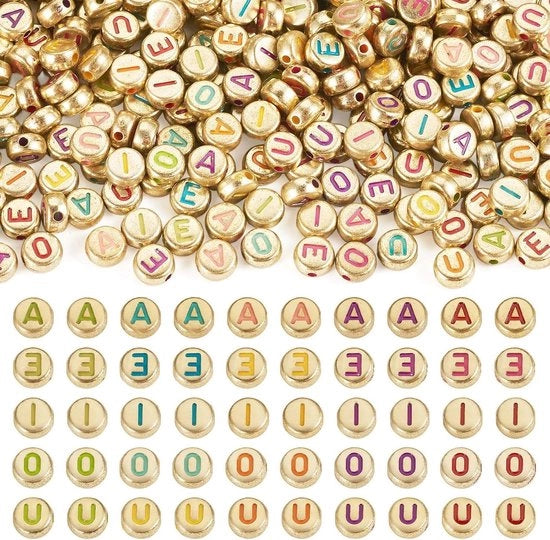 500 pezzi di perle sfere 7 mm - Alfabeto Kralen A/E/I/O/U - Perle in acrilico dorato - Creazione di gioielli