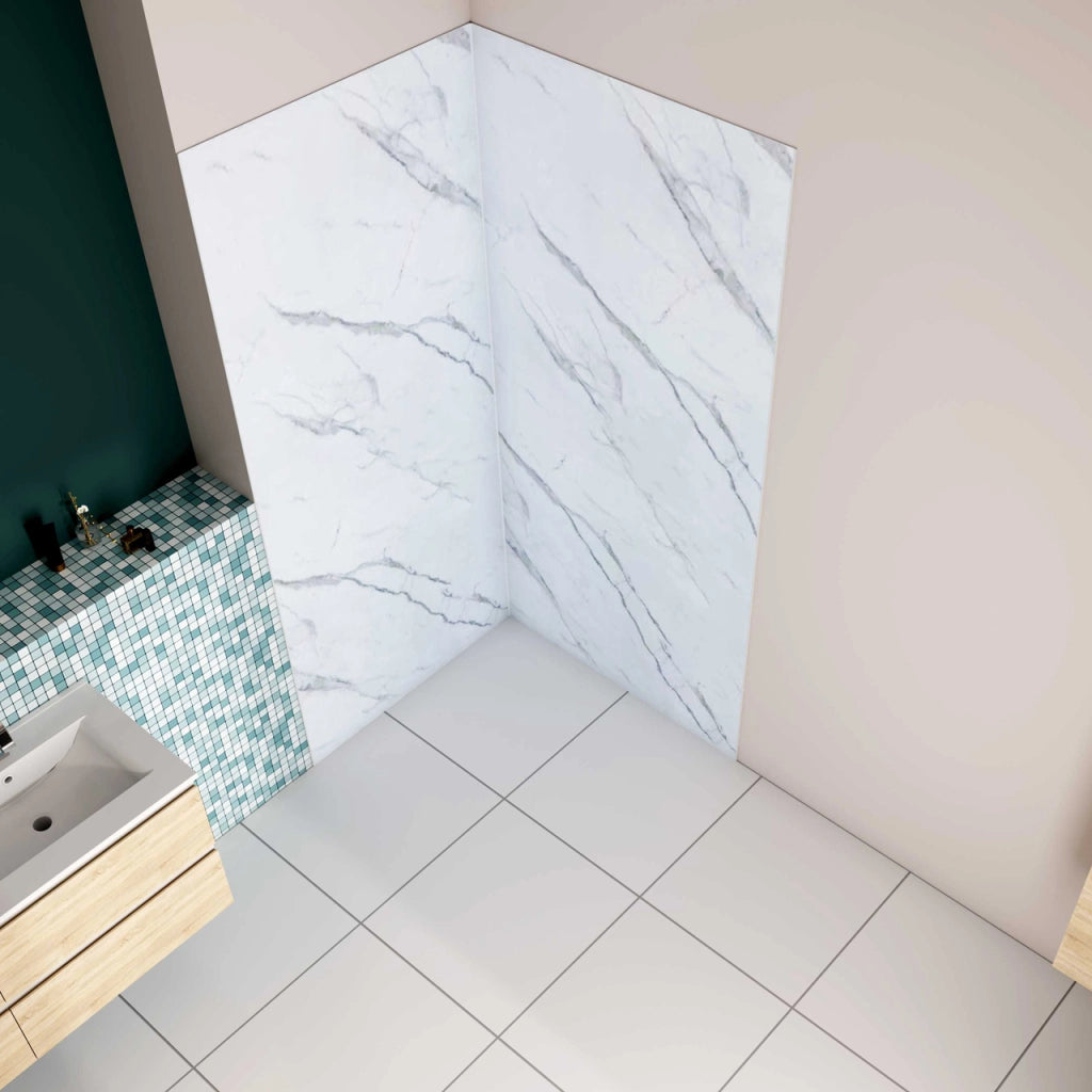 H.210 cm Pannello Doccia ad Angolo 120x120 cm Realizzato in Alluminio da 3 mm con Profili Finitura Bianco Alba per Rivestimento Parete Bagno