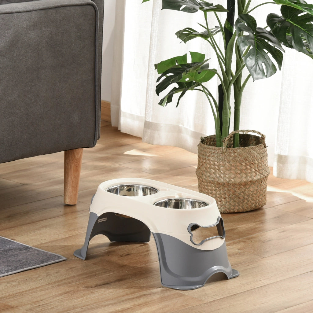 Ciotola per Cani Doppia Rialzata ¨C zephmum ¨C Acciaio Inox e Plastica Bianco Grigio 47x25x20cm