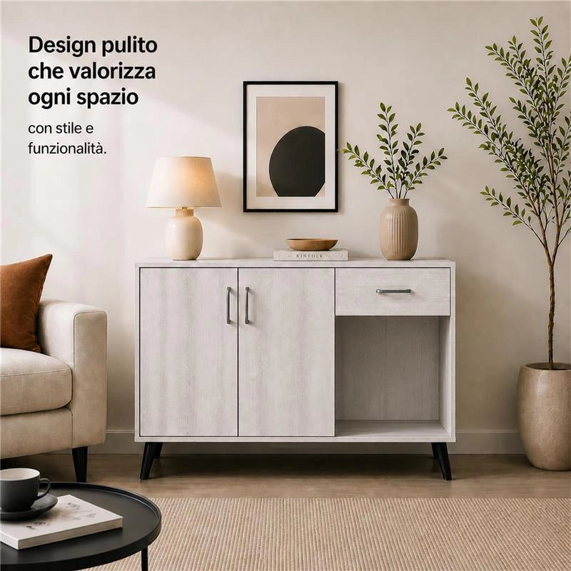 MOBILE IN MDF COLOR BIANCO LEGNO CON DUE ANTE, RIPIANO E CASSETTO MISURE: 120X38X74CM