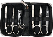 Set di manicure di alta qualità 6 pezzi in astuccio in pelle vera nera - forbici per unghie forbici per unghie trimmer di smeraldo lima per unghie pulitore per unghie pinzetta