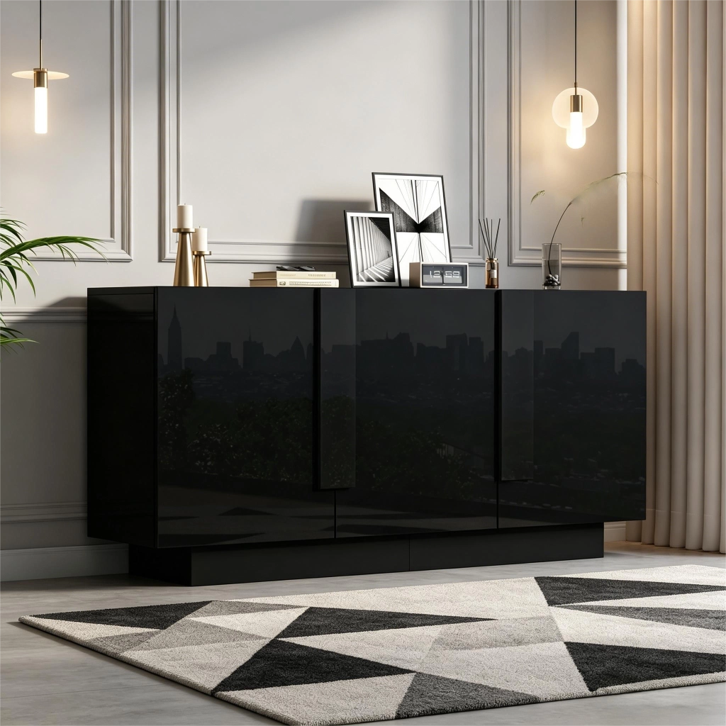 Credenza e madia a 3 ante con ripiani regolabili, finitura lucida, per soggiorno e sala da pranzo, nera 160 × 35 × 60 cm