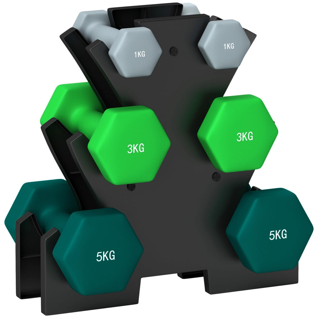 Set di manubri composto da 6 manubri con supporto, 2 x 1 kg, 2 x 3 kg, 2 x 5 kg. Set di manubri in metallo per fitness, ginnastica e allenamento a