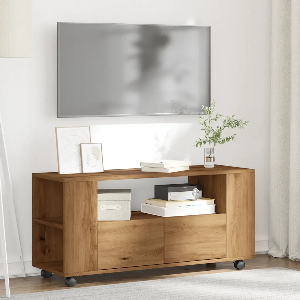 Mobile porta TV moderno con ruote pratico vano contenitore 102 x 34,5 x 43 cm legno di rovere ingegnerizzato realizzato artigianalmente 02_0050702