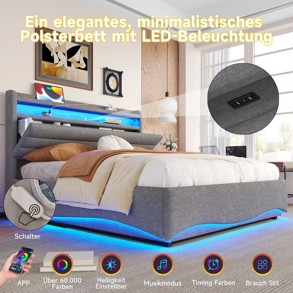 Letto Imbottito Contenitore con LED ¨C MINIMAL ¨C Tessuto Grigio 140x200 Idraulico