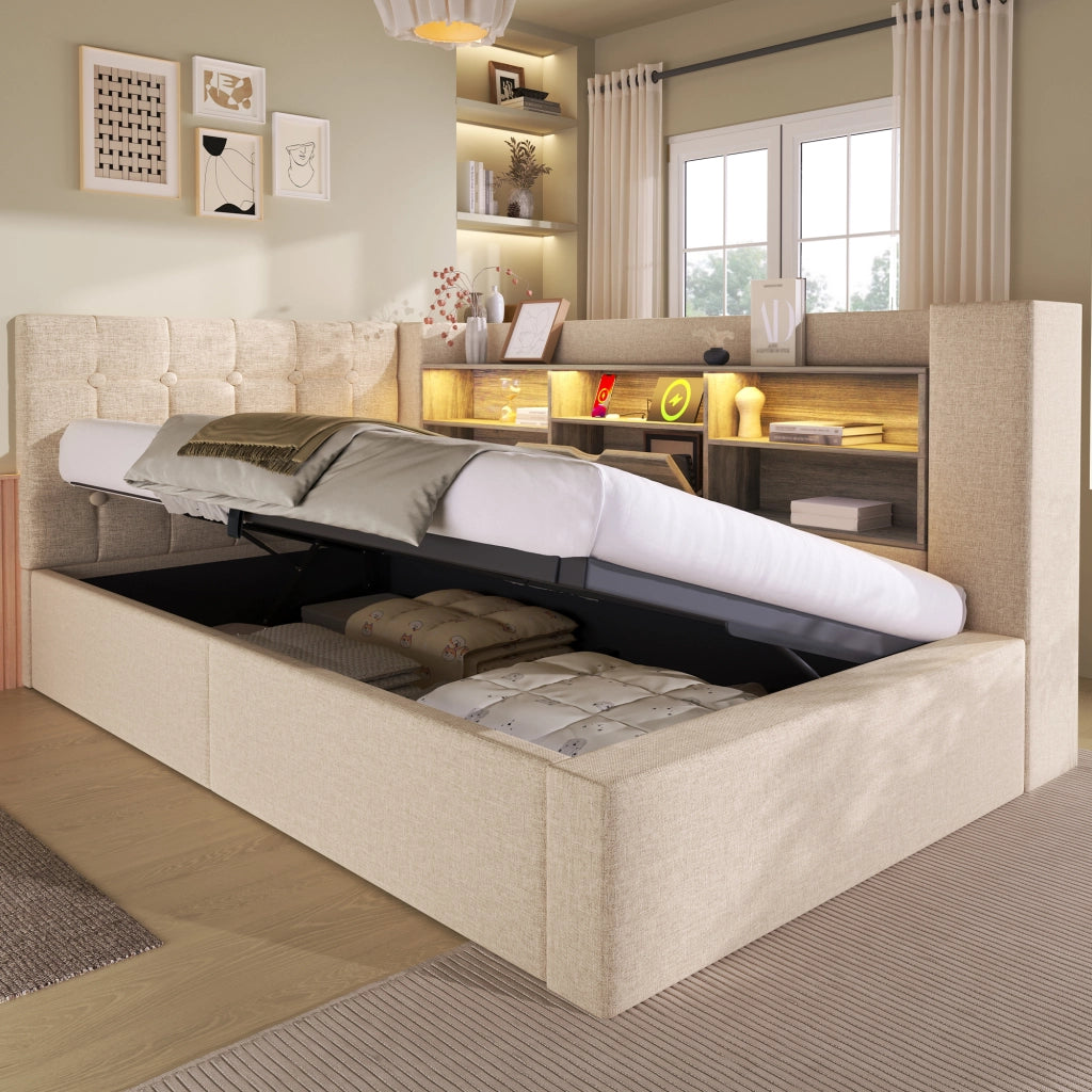 DESMIU Lit simple 90 × 200 cm con LED, USB e vano contenitore idraulico, con materasso, in lino, beige