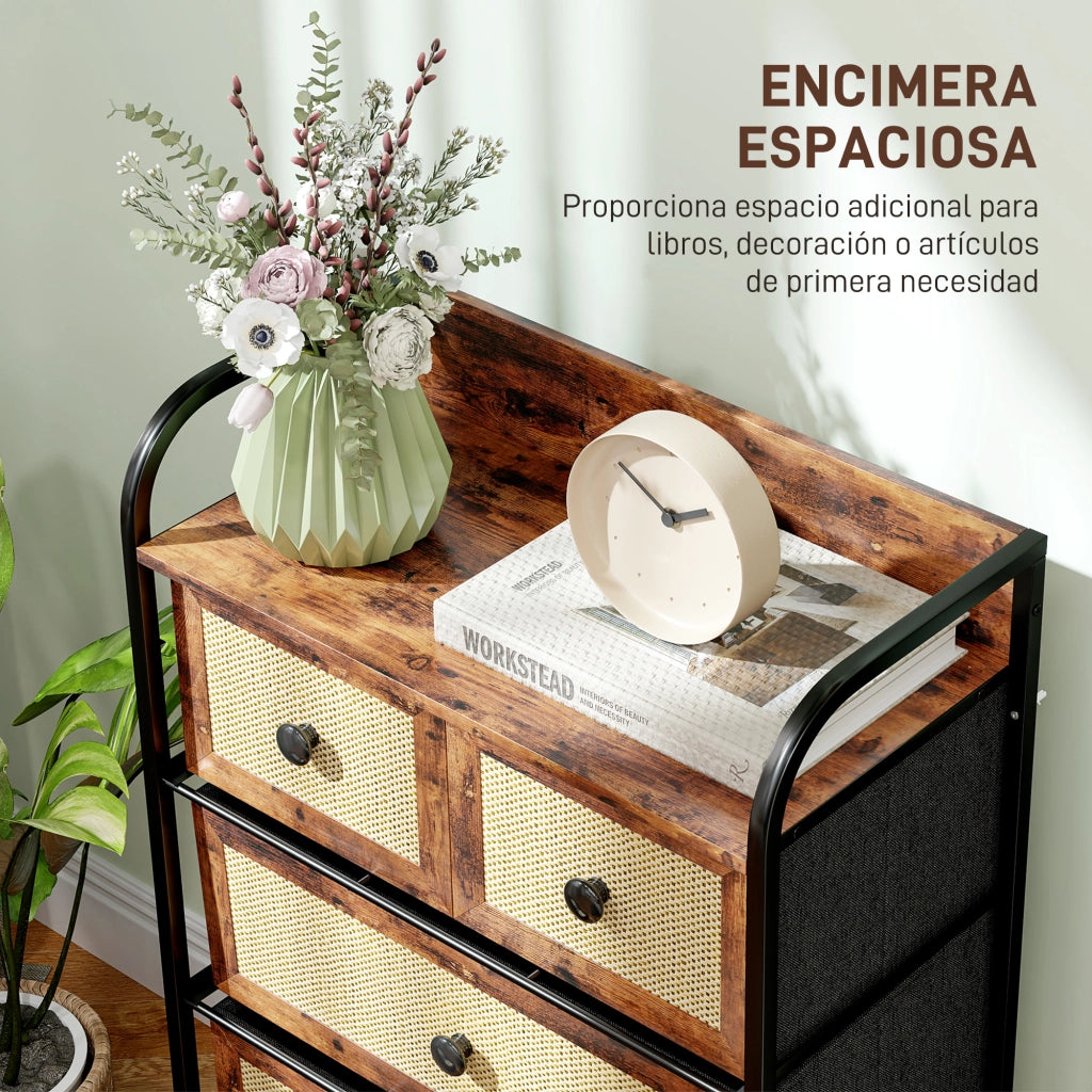 Comodino con 5 cassetti ¨C zephmum ¨C marrone, effetto rattan, acciaio, 58x29x99 cm
