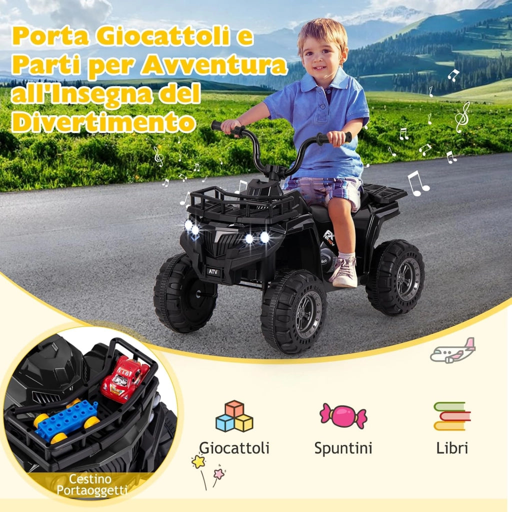 Macchina Elettrica per Bambini, 6V Quad con Fari LED, Cestino Portaoggetti e Lettore MP3, 2 km/h, Veicolo Giocattolo per Bambini 2-5 Anni (Nero)