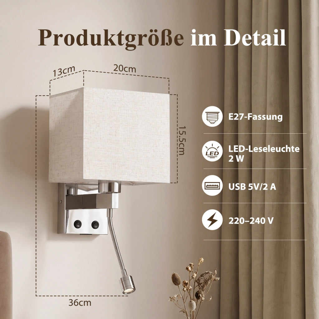 ZMH Lampada da Parete LED con Porta USB e Lettura 2W Paralume Tessuto E27 Interruttore per Camera Hotel Senza Lampadina