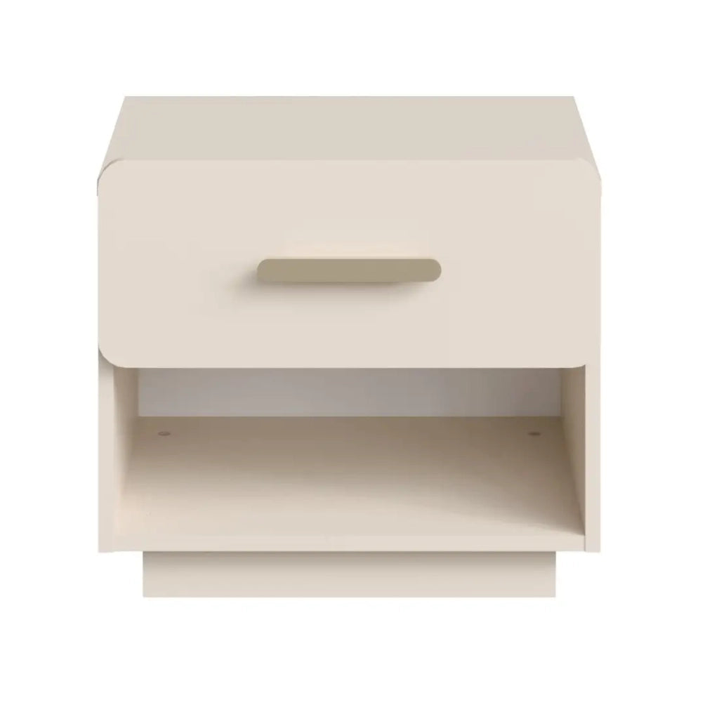 Set di 2 comodini AMALIE – 2 cassetti – Colore beige – Maniglie dorate – Design arrotondato
