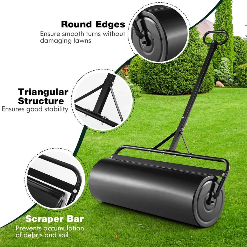Rullo da Giardino Ø40 cm e 90 di Larghezza, Rullo da Prato in Metallo Manuale e per Trattorino, Rullo con Raschiatore Antisporco e Riempibile con Acqua/Sabbia (Nero, 113L)