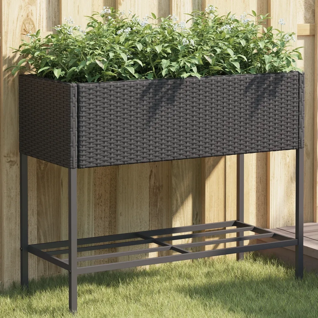 Fioriera | Cassetta per fiori | Vaso da Giardino con Ripiano Nera in Polyrattan