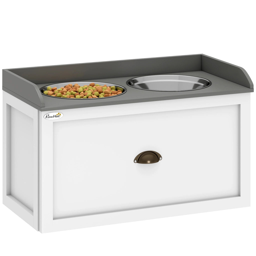 Ciotole per Cani Rialzate in Acciaio Inox e Legno con Cassetto, 60x30x36cm, Bianco e Grigio