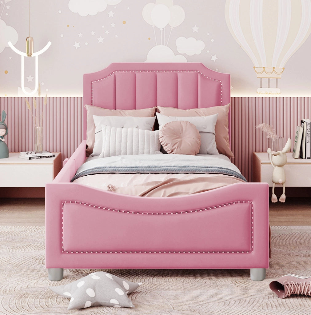 Letto imbottito per bambini 90x200 cm con schienale e braccioli in flanella rosa