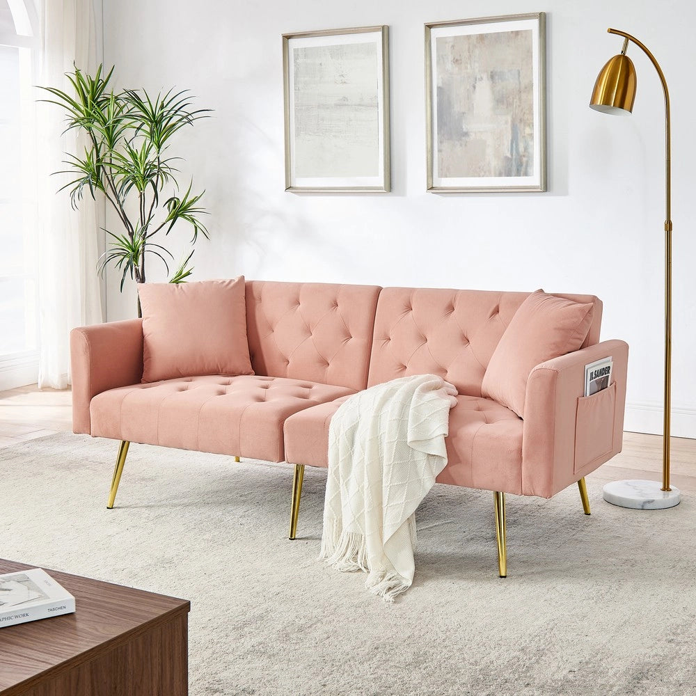 Divano 2 posti in velluto ¨C Minimal ¨C rosa con cuscini, gambe in metallo, schienale regolabile