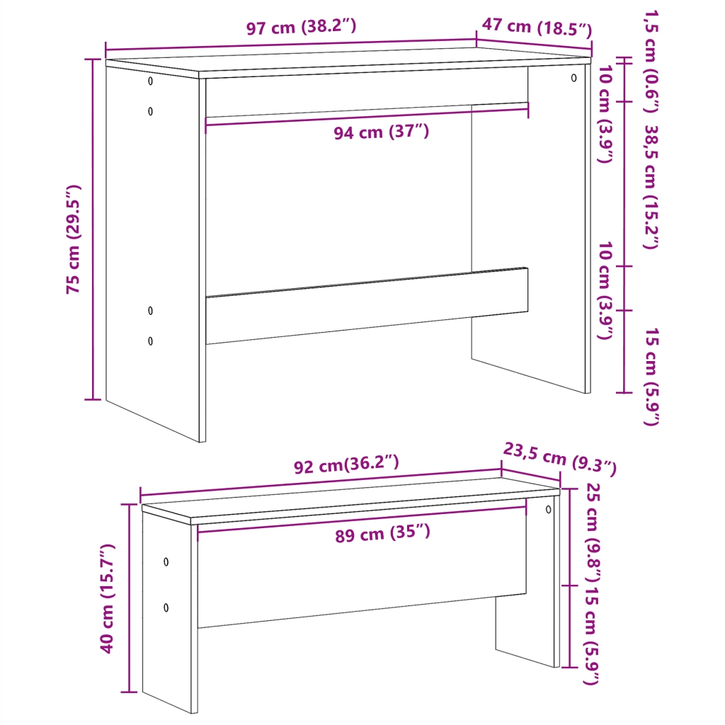 Set Tavolo da Pranzo e Panche 3 pz Grigio Cemento in Truciolato 855533