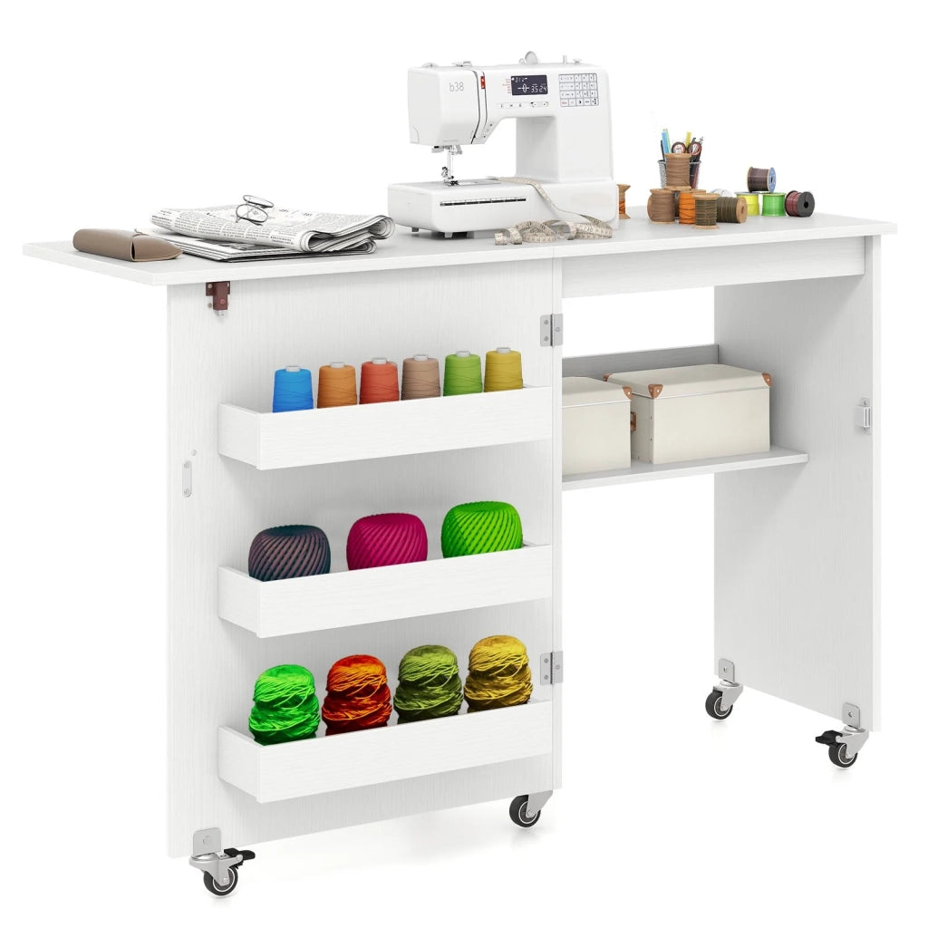 Tavolo da cucito pieghevole 118,5 x 40 x 79,5 cm con vano portaoggetti design moderno MDF bianco 20_0017980