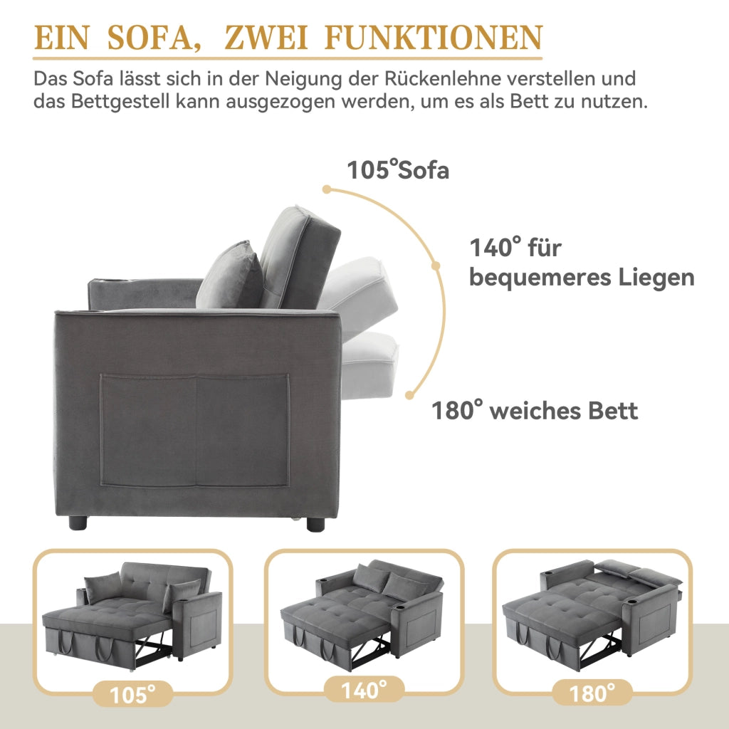 OKWISH Divano Letto 2 Posti, Schienale Regolabile a 3 Posizioni con Portabicchieri e Tasche Laterali, Velluto Grigio