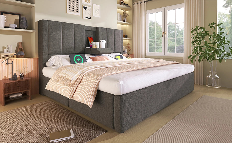 Letto imbottito 160x200 cm con materasso, porta bicchieri nascosto, stazione di ricarica USB, contenitore idraulico