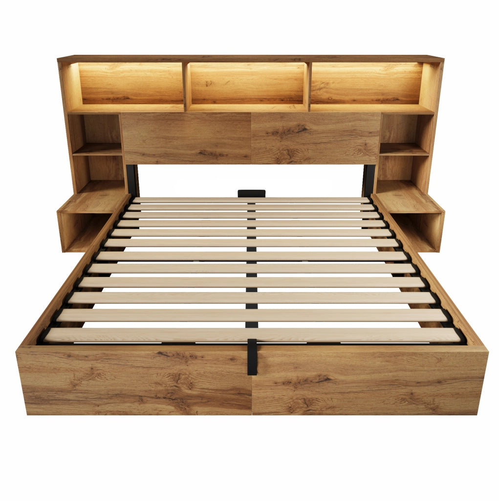Letto contenitore 160x200 cm con LED, USB, comodini integrati e materasso, effetto rovere