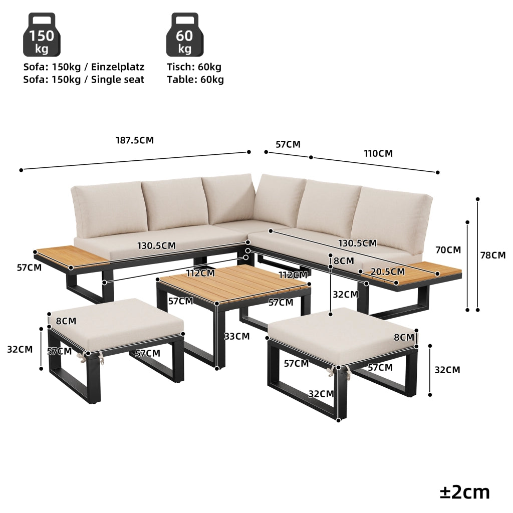 Set Divano Angolare da Giardino 6 pezzi con Tavolino ¨C MINIMAL ¨C Acciaio, Cuscini Grigio/Beige, Schienale Regolabile