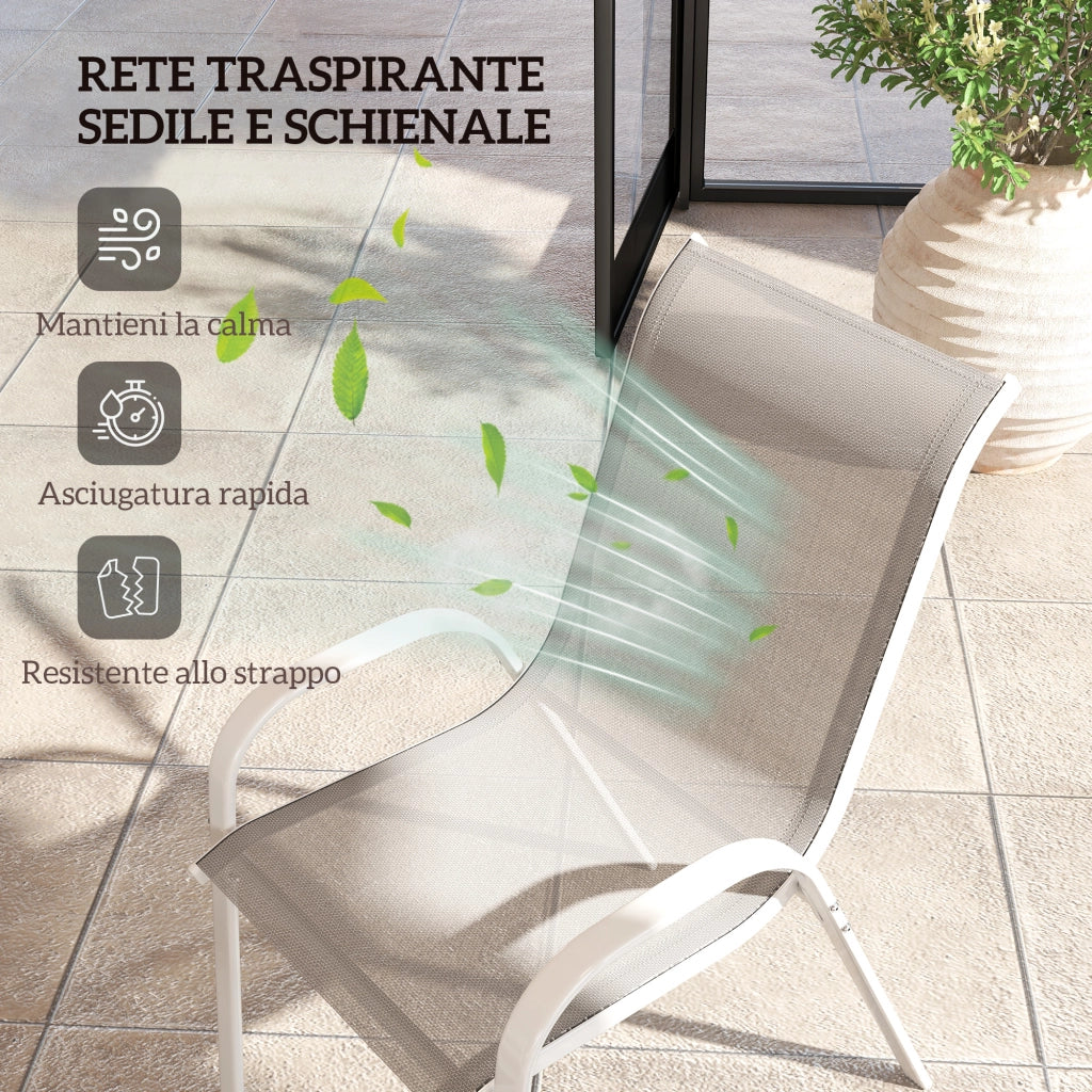 Set 4 Sedie da Giardino 54x71x93 cm Impilabili con Braccioli Curvi in Acciaio e Tessuto Traspirante Grigio Bianco