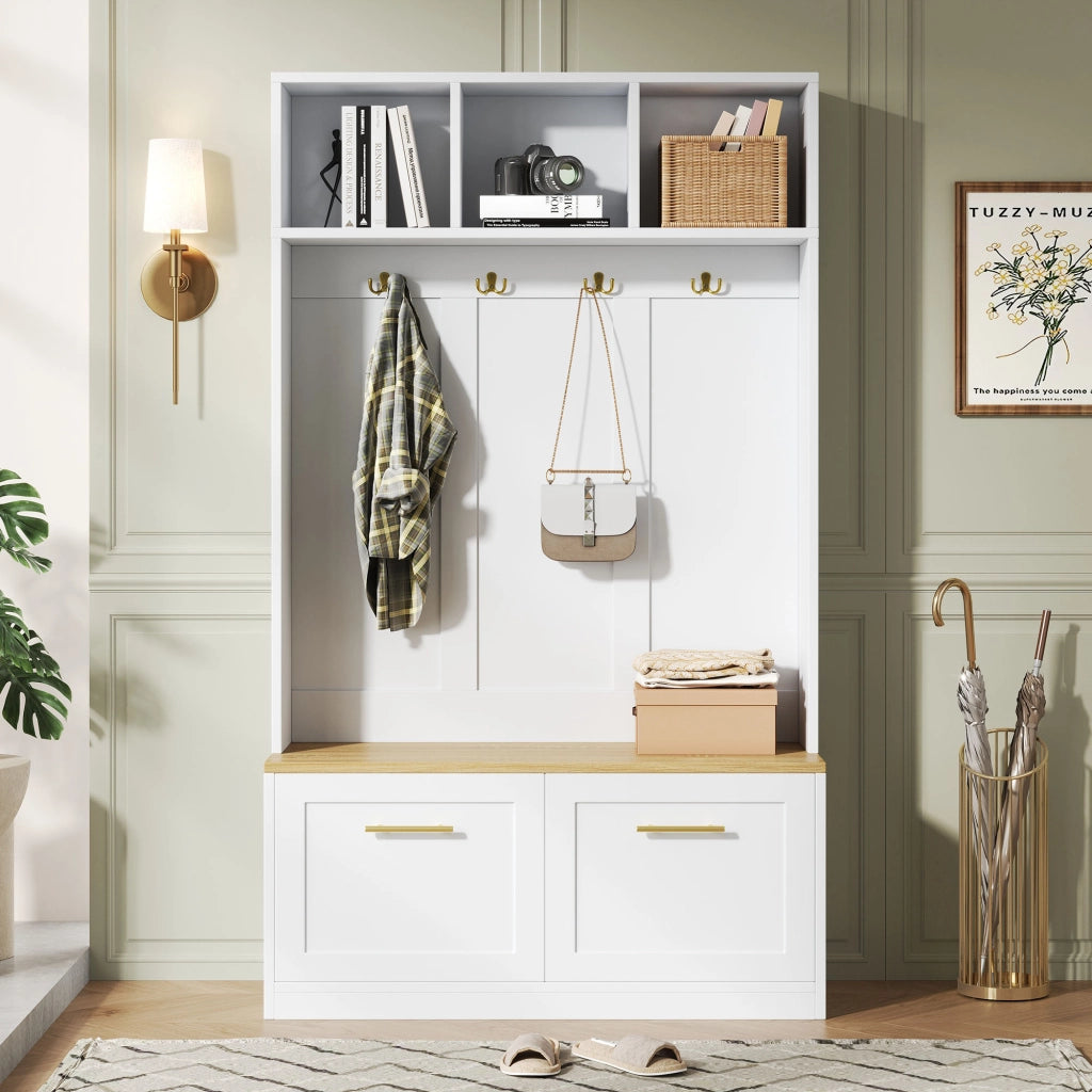 Guardaroba con Panca, Vano Aperto e 2 Ante ¨C MINIMAL ¨C Bianco/Naturale, 4 Ganci, 105x40x180 cm