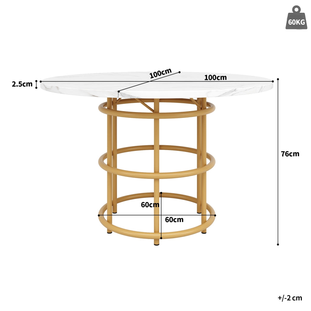Tavolo da Pranzo Rotondo ¨C MINIMAL ¨C Piano in MDF Effetto Marmo, Gambe in Metallo Dorato, 100x100x76