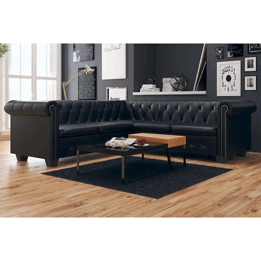 Divano Angolare Chesterfield a 5 Posti Pelle Artificiale Nera