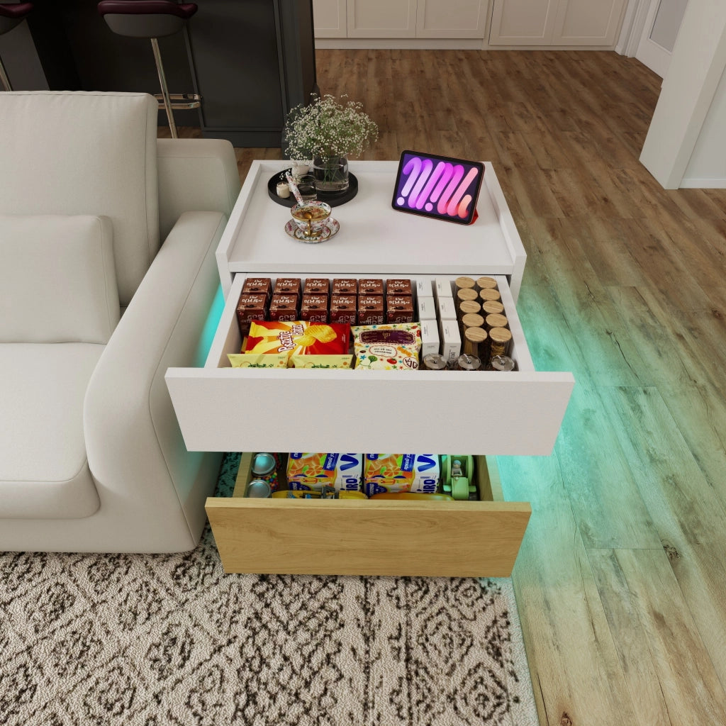 Comodino, 2 cassetti, tavolino a due ripiani, luce a LED, bianco e color legno naturale