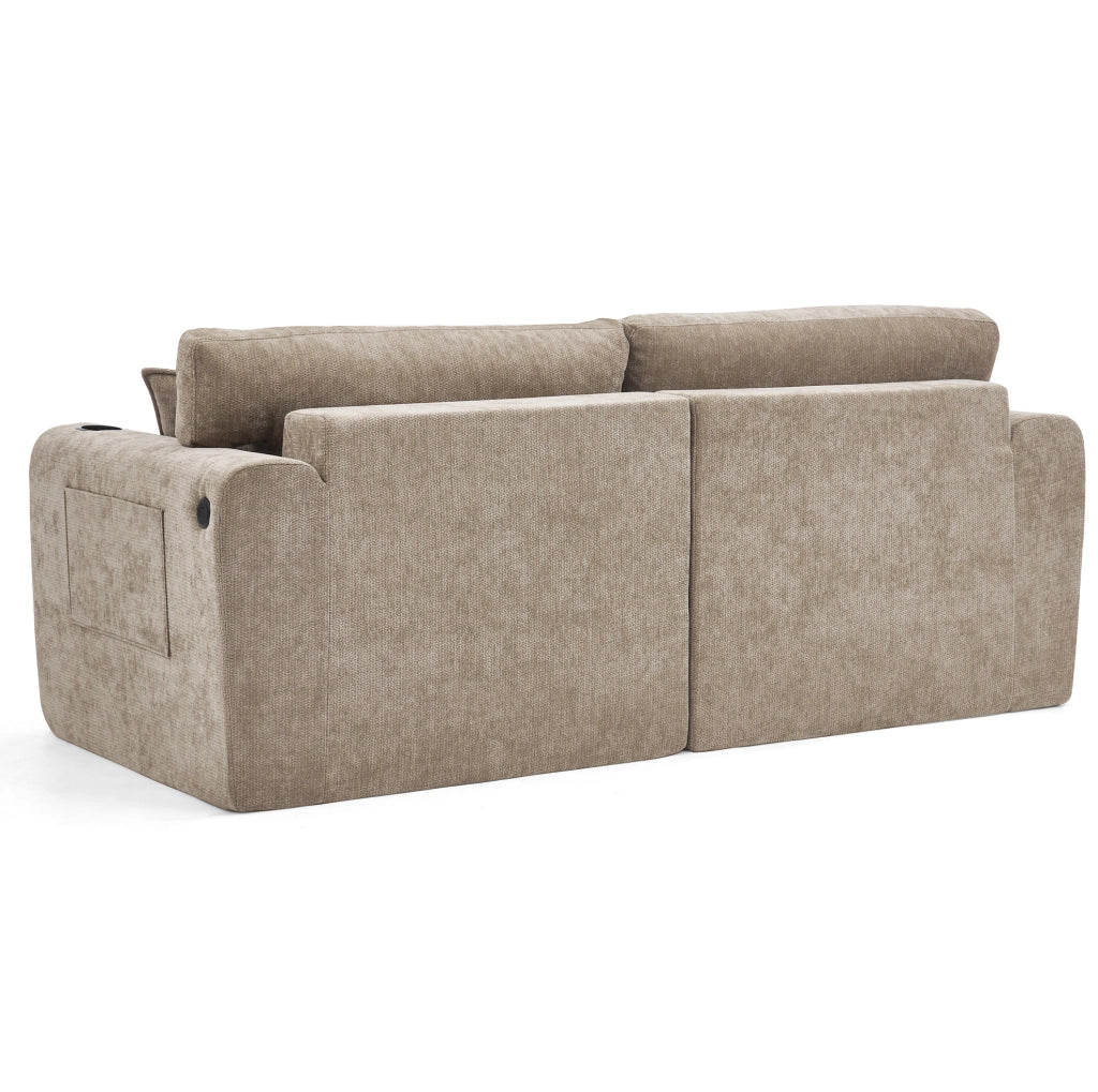 Divano 2 posti in chenille marrone con USB; tasche laterali e portabicchieri; 220x100x89 cm