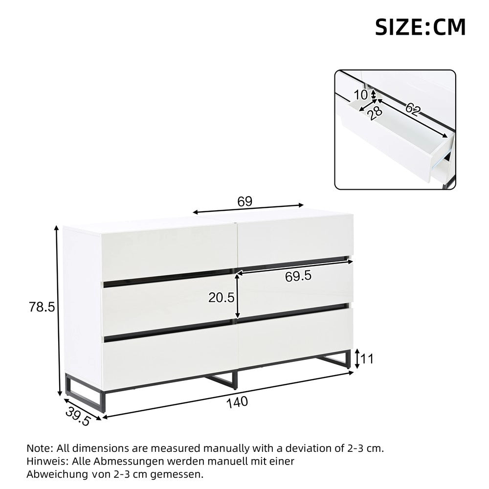 Credenza da Soggiorno con 6 Cassetti e 3 Gambe in Metallo ¨C MINIMAL ¨C Bianco/Nero Lucido 140x39x78