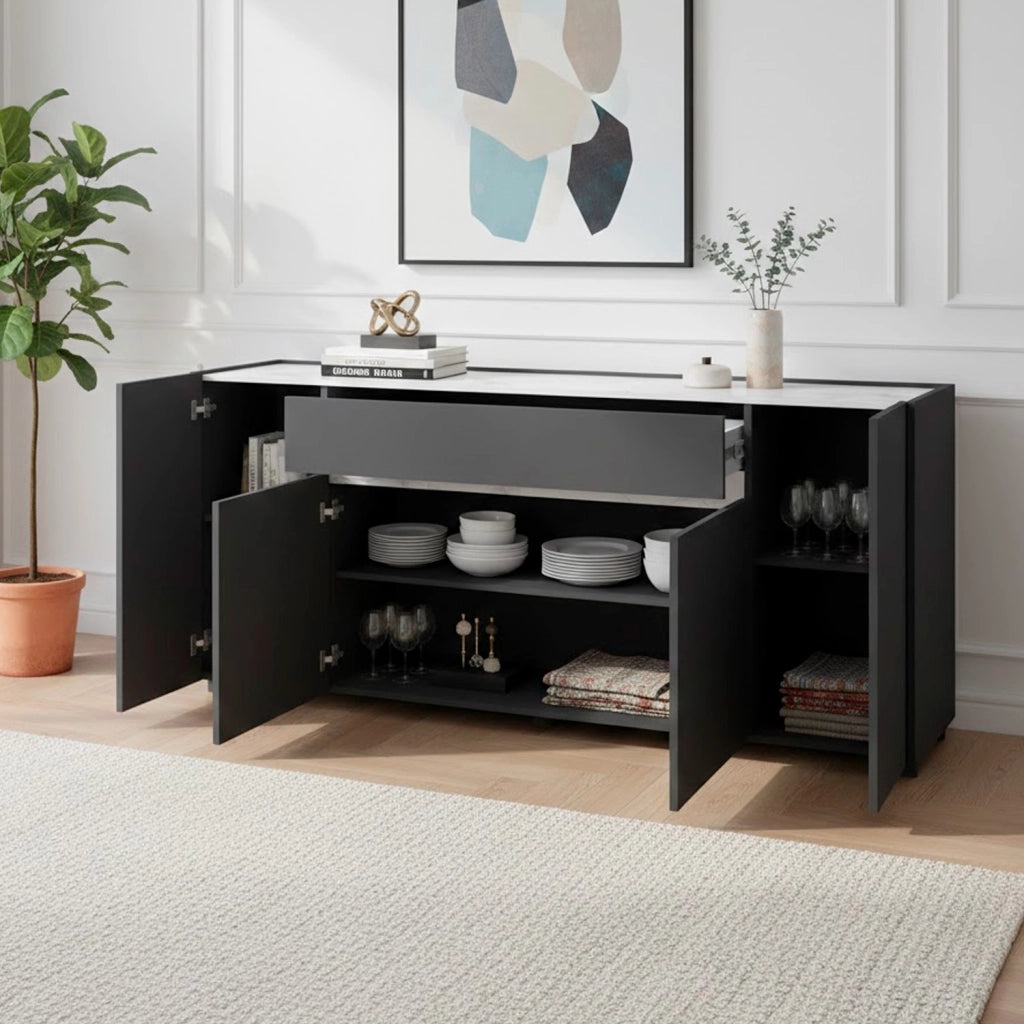 Credenza Moderna Madia Con 4 Ante E 1 Cassetto Mobile Contenitore Per Sala Da Pranzo Soggiorno Design Senza Maniglie Elegante Capiente 170 X 85 X 40 Cm Grigio Scuro E Bianco Effetto Marmo