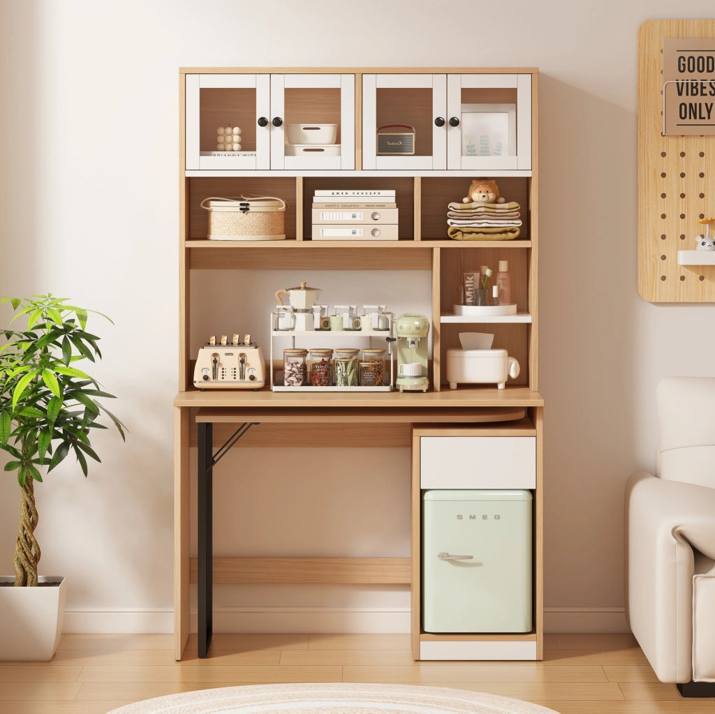 Scrivania con libreria e vano contenitore girevole 110x55x180 cm in MDF naturale e bianco