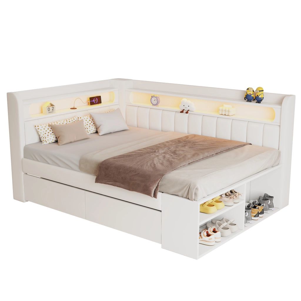 Letto imbottito 90x200 cm con USB; LED e scarpiera in MDF; bianco
