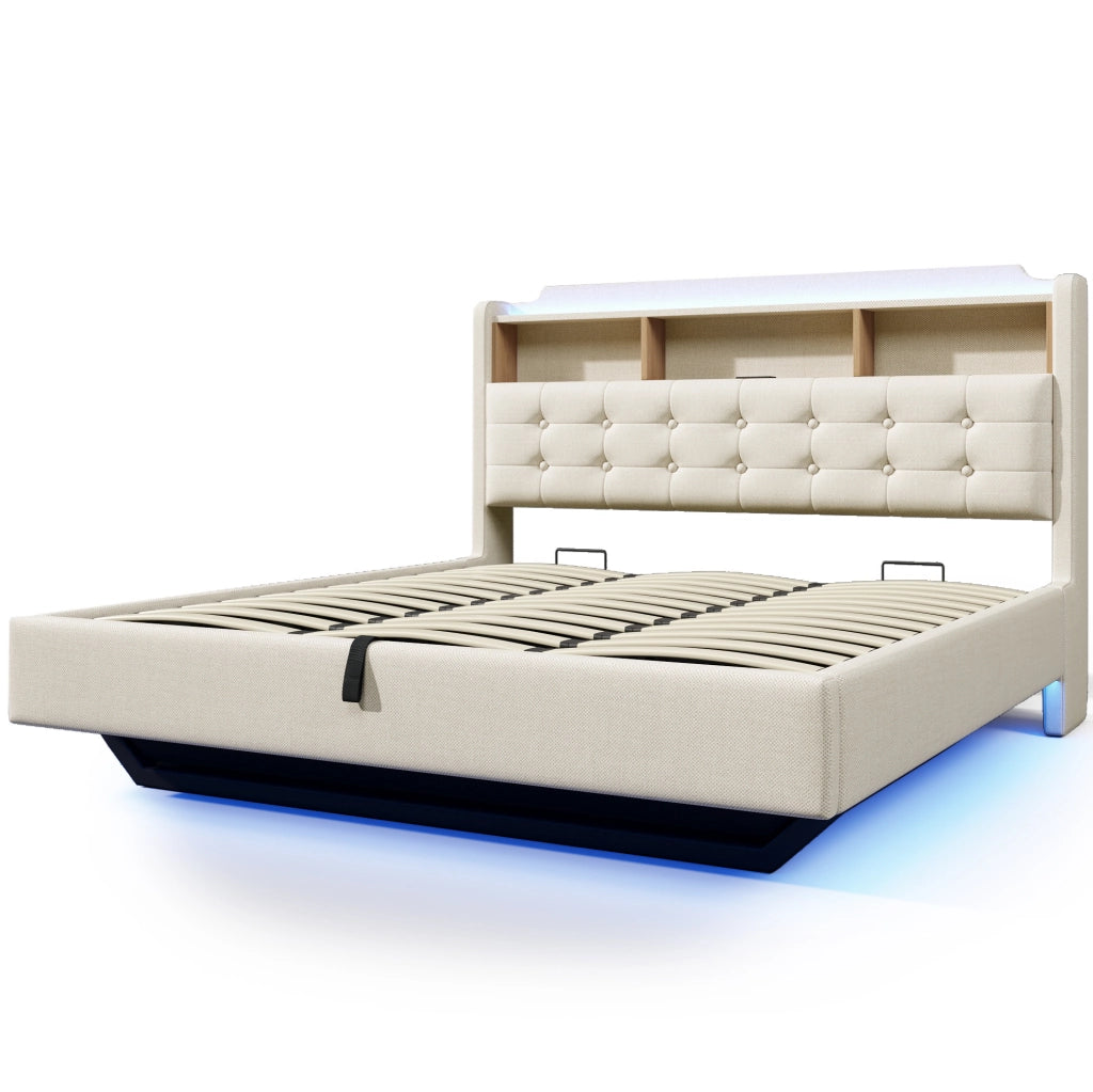 Letto imbottito 180x200 cm in lino beige con LED; contenitore idraulico; USB e Type-C