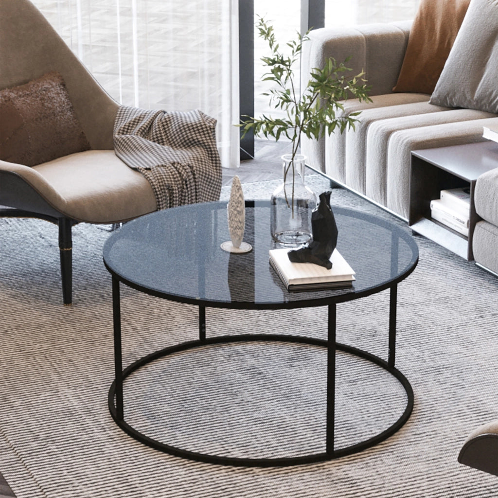 Tavolino Rotondo Kolari da Caffé con Piano in Vetro Temperato (AxØ) 45 x 80 cm - Fumé Grigio [en.casa]