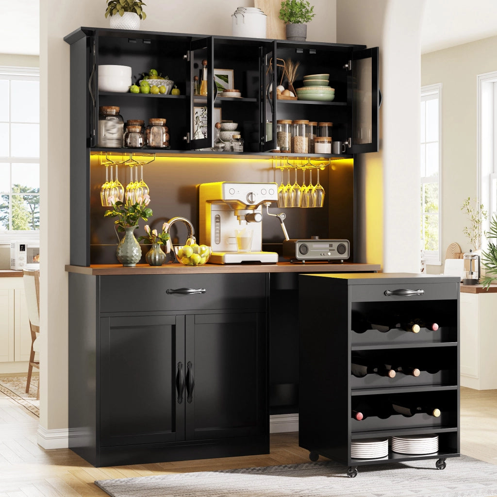 Armadio cucina 140 cm con carrello estraibile, illuminazione LED dimmerabile, 4 ante in vetro, cassetto e portabottiglie, nero