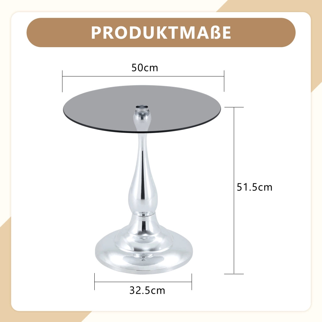 Tavolino basso rotondo in vetro temperato con base in metallo per soggiorno e camera da letto argento 50 × 51,5 cm