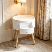 Comodino rotondo 38x38x45 cm in MDF e legno, bianco, con cassetto –