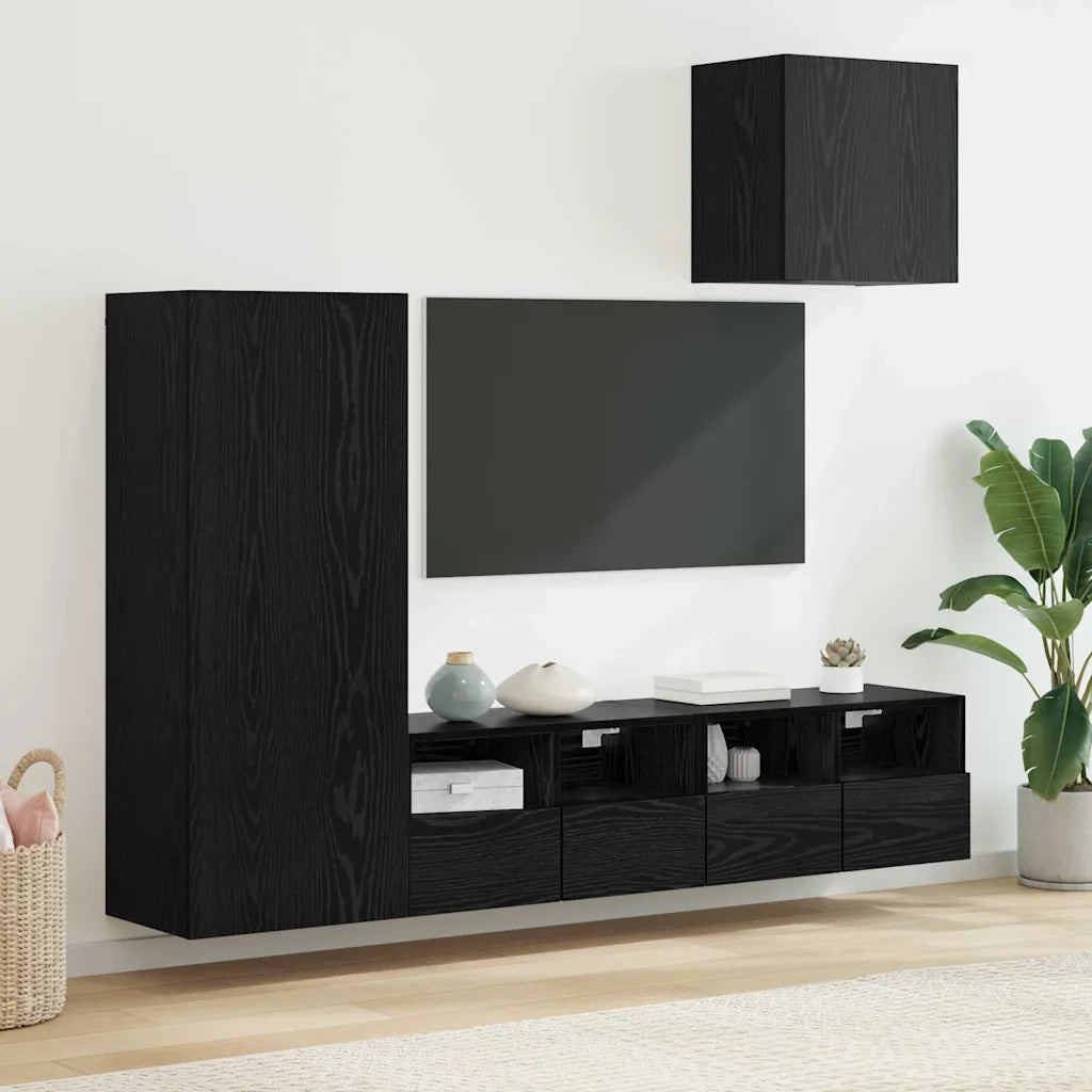 Unità per TV a Muro 4 pcs Rovere Nero Legno multistrato