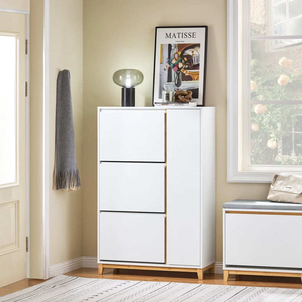 SoBuy Scarpiera con 3 ante Scarpiera stretta con 6 ripiani Cassettiera per scarpe Bianco-Naturale 86x34x122 cm FSR189-WN