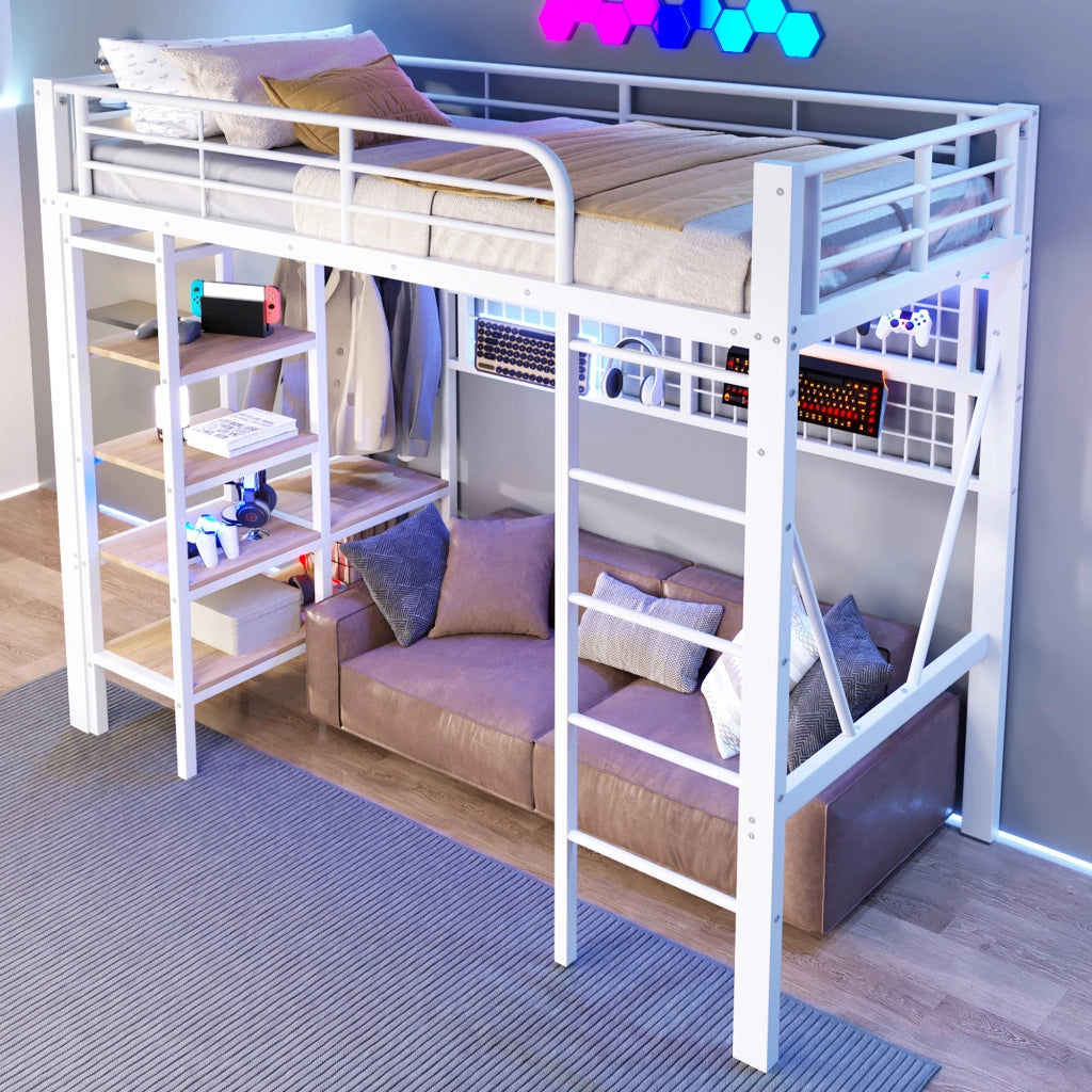 LETTO A CASTELLO 90 x 200 cm in metallo bianco con LED e vano aperto