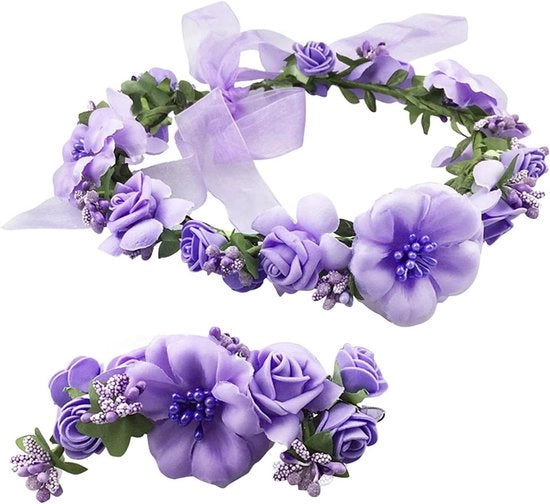 Corona di fiori per donne e ragazze - Corona di fiori viola con bracciale da polso adatto per fotografie di matrimoni, matrimoni e festival