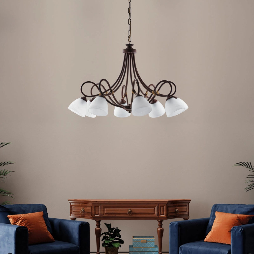 Lampadario in ferro laccato nero con decorazione effetto ruggine e rifiniture oro antico con diffusori in vetro diametro 13 alabastro bianchi 8 luci