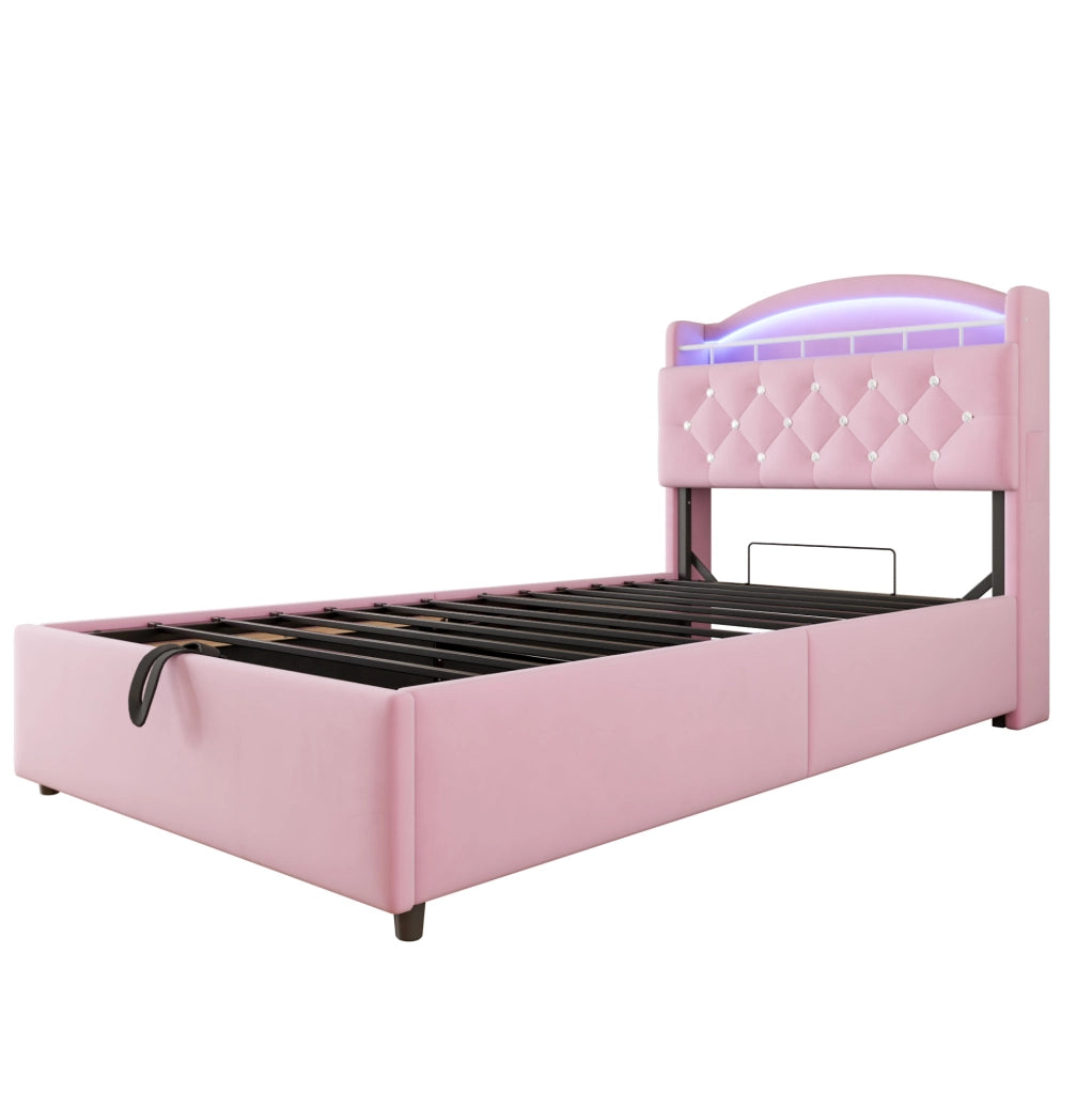 Letto imbottito 90x200 cm; contenitore con LED e USB; tessuto; rosa